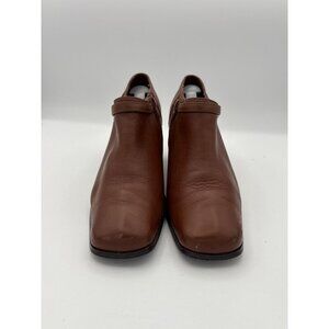 Women’s AJ Valenci Size 7 Brown Leather Heeled Ankle Boots with Gold Side Buckle